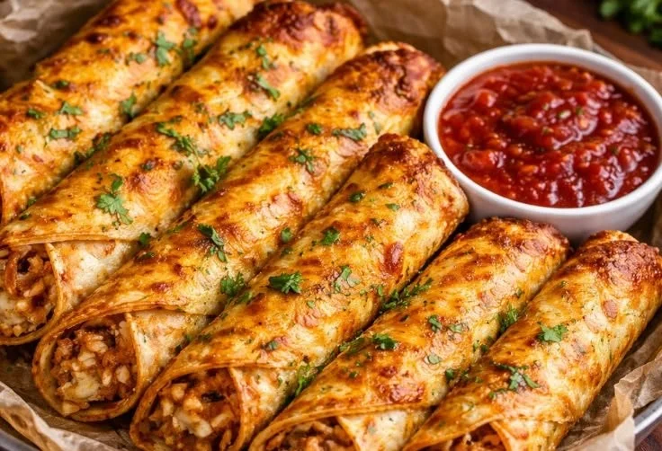 Plate of crispy chicken taquitos served with salsa and guacamole