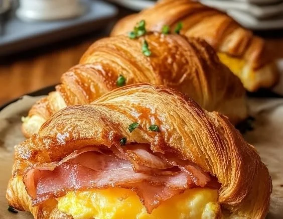 Delicious croissant sandwich filled with eggs, cheese, and bacon.