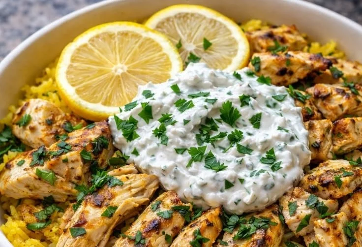 Dump-and-Bake Chicken Tzatziki Rice served with fresh herbs and lemon slices