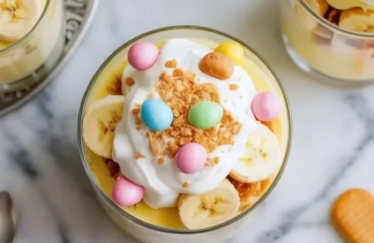 Easter banana pudding cups served in decorative cups