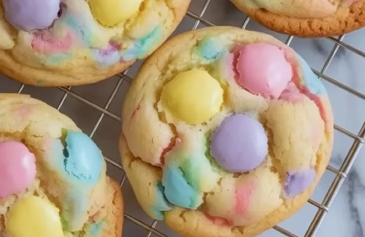Baked Easter Funfetti Cookies decorated with colorful sprinkles on a plate