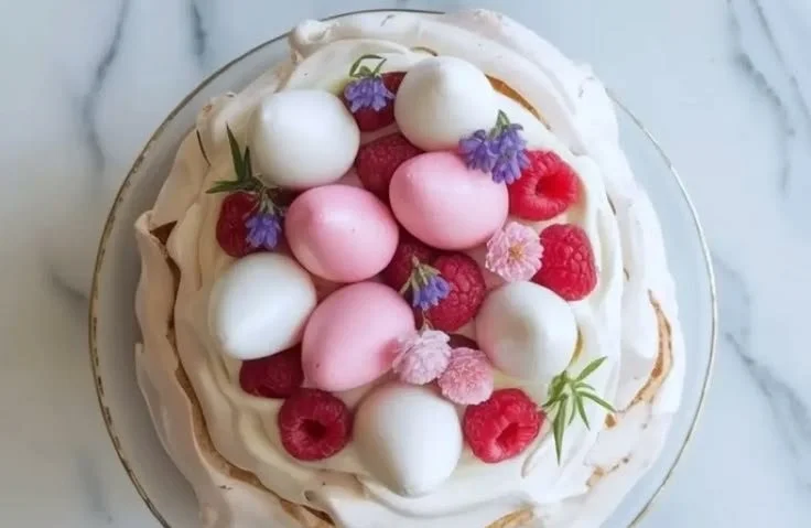 Easter Pavlova dessert topped with fresh fruits and cream