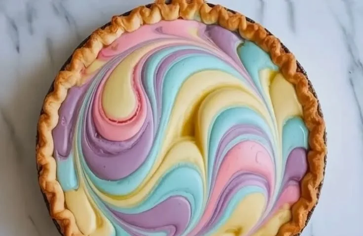 Colorful Easter Swirl Pie with bright swirls and festive decorations.