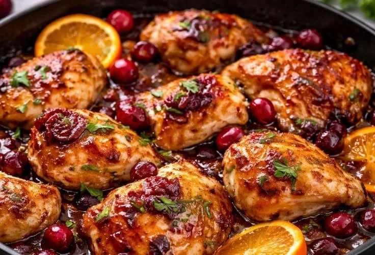 Delicious plate of easy Cranberry Orange Chicken garnished with herbs