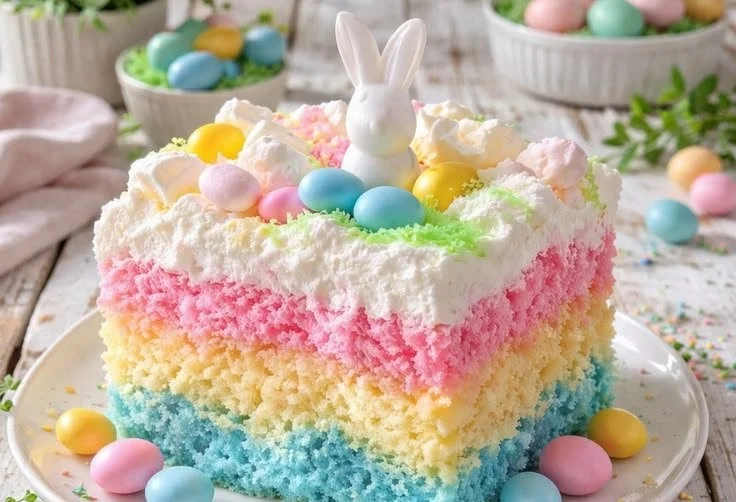 Easy Easter Poke Cake topped with colorful frosting and decorations