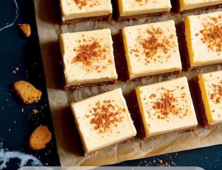 Delicious eggnog cheesecake bars topped with whipped cream and nutmeg.
