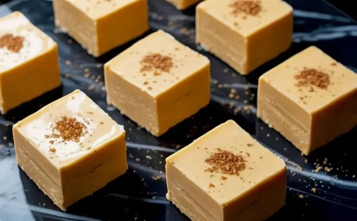 Delicious homemade eggnog fudge on a festive holiday plate