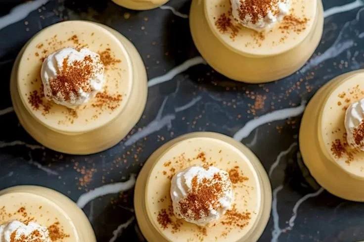 A beautifully plated Eggnog Panna Cotta topped with nutmeg and festive decorations.