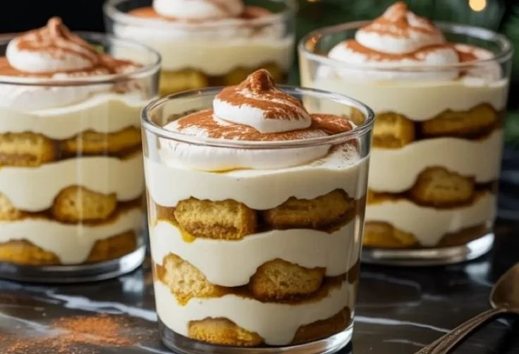 Eggnog Tiramisu Cups featuring layers of creamy dessert and festive flavors.