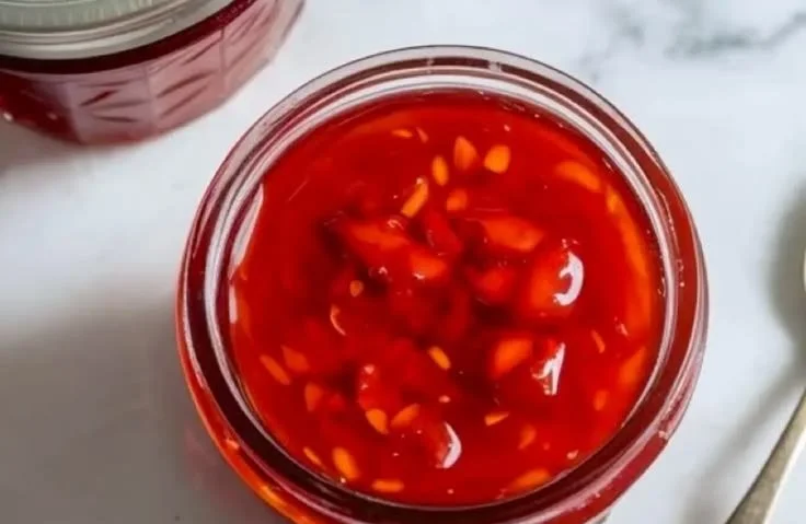 Homemade frozen strawberry jam in a jar with fresh strawberries