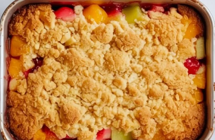 Delicious fruit cocktail dump cake served with whipped cream on top