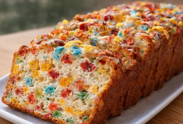Sliced Fruity Pebbles breakfast bread with colorful cereal topping