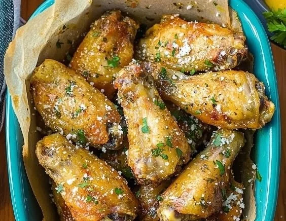 Crispy Garlic Parmesan Wings served with a side of dipping sauce