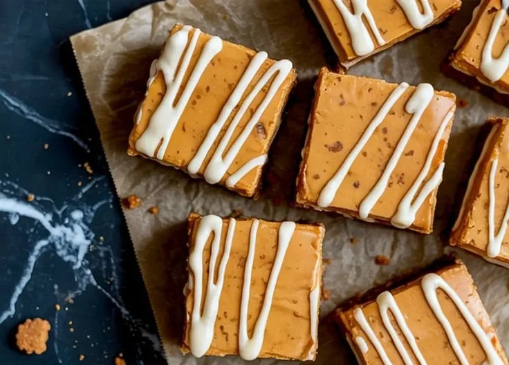 Delicious Gingerbread Cheesecake Bars sliced on a white plate with festive decorations.