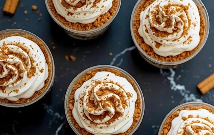 Delicious Gingerbread Cheesecake Parfaits layered in a glass with festive toppings