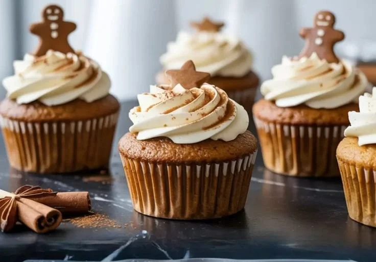 Gingerbread cupcakes with cream cheese frosting on a decorative plate.
