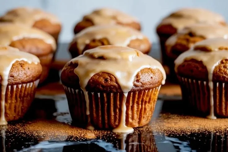 Freshly baked gingerbread muffins drizzled with maple glaze on a wooden tray.