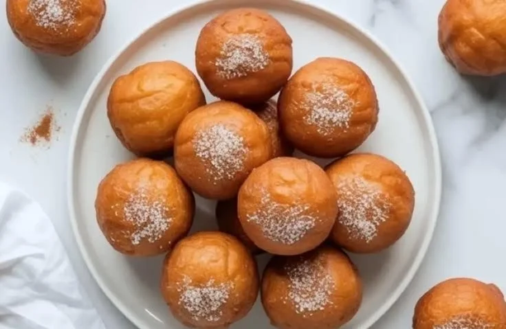 Assorted gluten free donut holes dusted with powdered sugar on a plate.