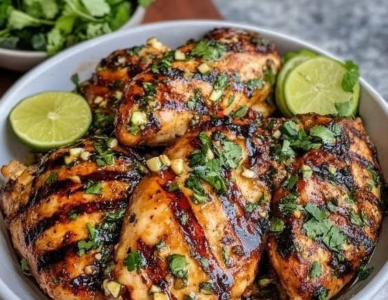Grilled chili lime chicken garnished with fresh herbs and lime slices