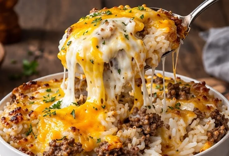 Ground beef and rice casserole dish topped with cheese and herbs