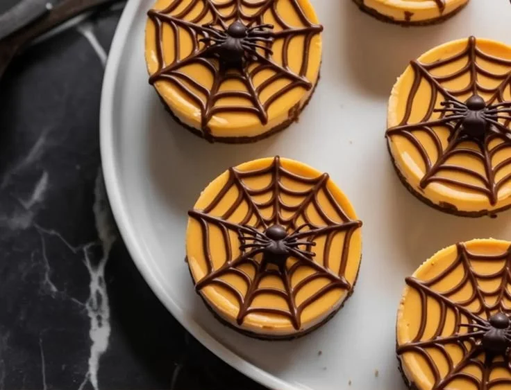 Delicious Halloween cheesecake decorated with spooky designs and Halloween-themed toppings.