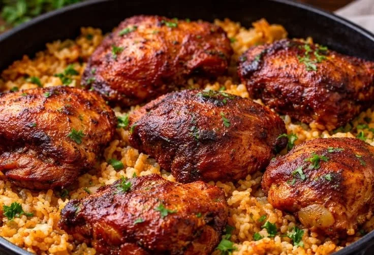 Healthy Cajun chicken and rice dish served in a bowl with fresh herbs.