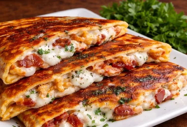 Healthy chicken quesadillas filled with grilled chicken and fresh vegetables.