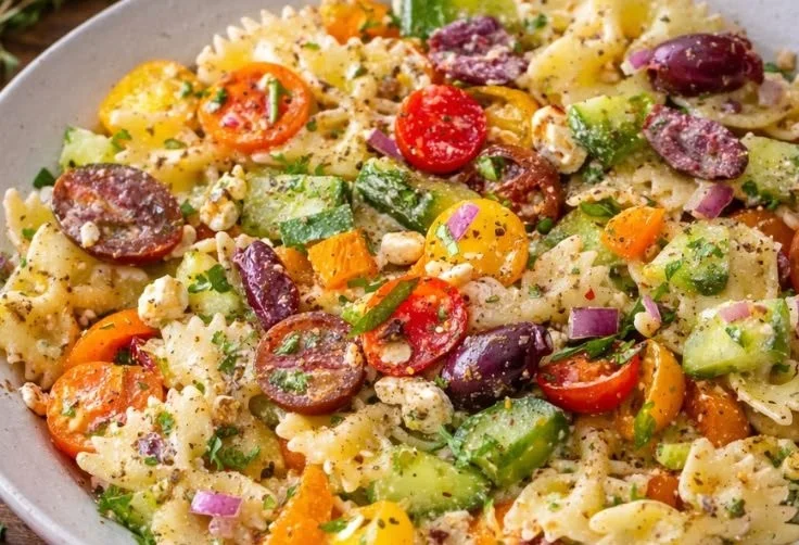 Healthy Greek Pasta Salad with fresh vegetables and feta cheese