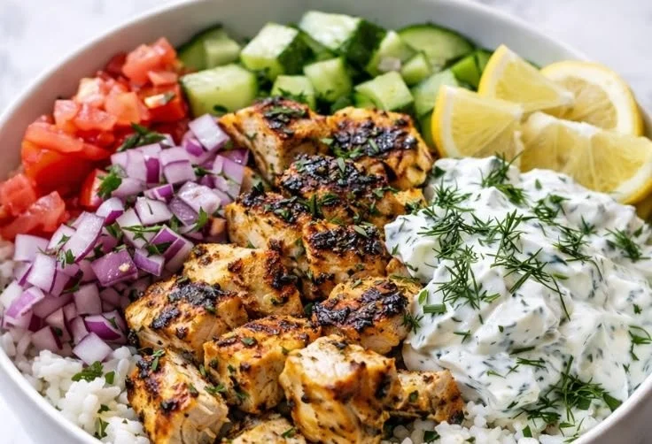 Healthy lemon dill chicken bowl with fresh vegetables and herbs