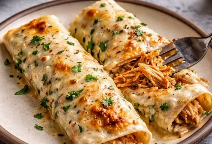 High-protein chicken enchiladas topped with cheese and fresh herbs