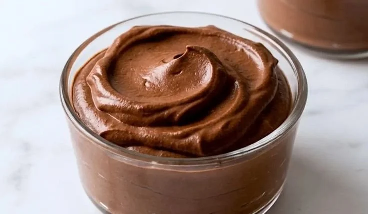 High protein chocolate mousse dessert served in a bowl with chocolate shavings.