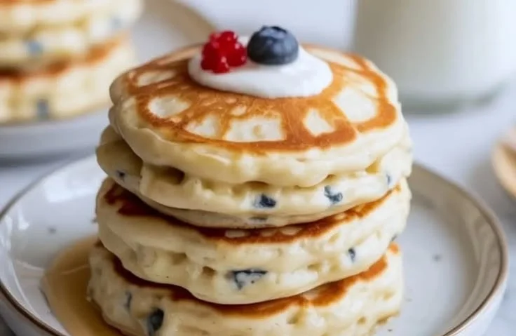 High protein cottage cheese pancakes served with fresh fruits