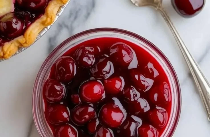 Bowl of homemade cherry pie filling with fresh cherries.