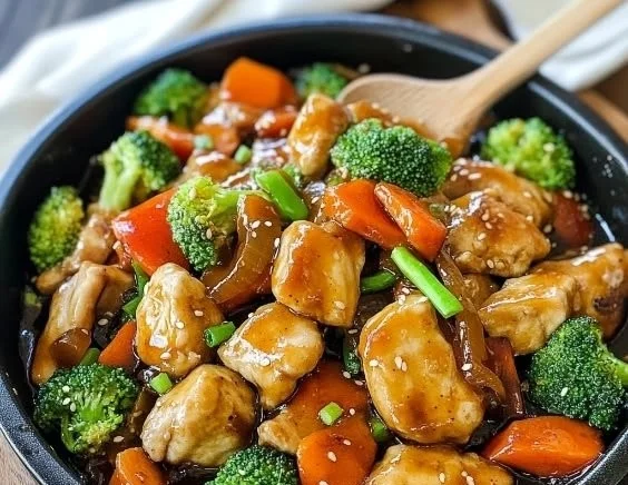 Delicious Honey Chicken Stir-Fry garnished with vegetables in a skillet