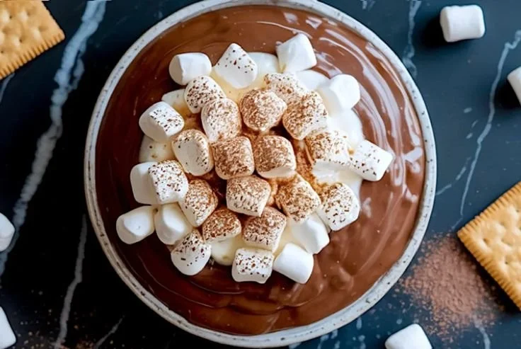 Creamy hot chocolate cheesecake dip served in a bowl with chocolate dipping treats