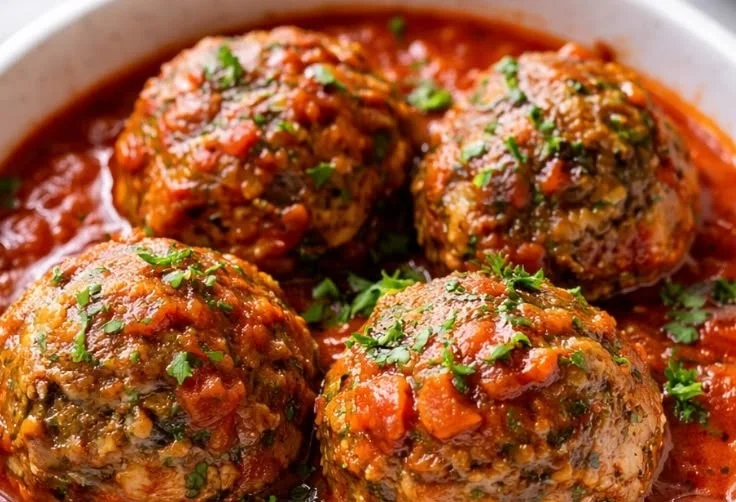 Italian beef meatballs simmering in marinara sauce for a delicious dish.