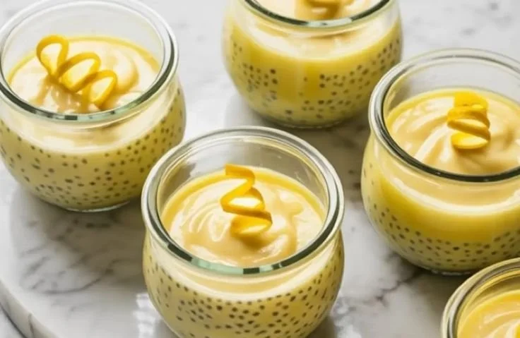 A bowl of bright lemon chia pudding topped with fresh fruit and mint.