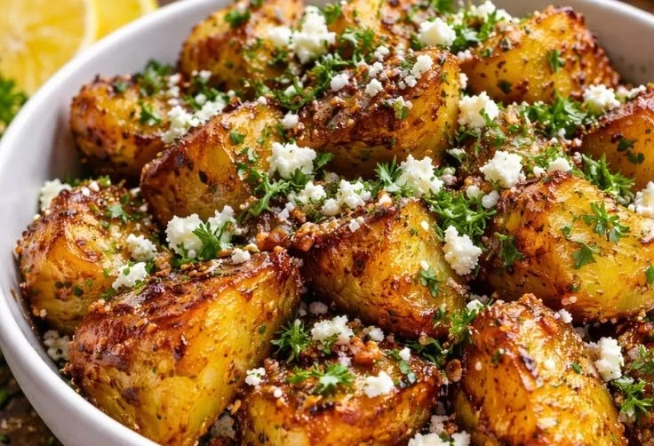 Delicious lemon feta roasted potatoes served in a bowl