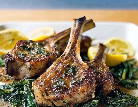 Lemon herb lamb chops on a sheet pan garnished with fresh herbs