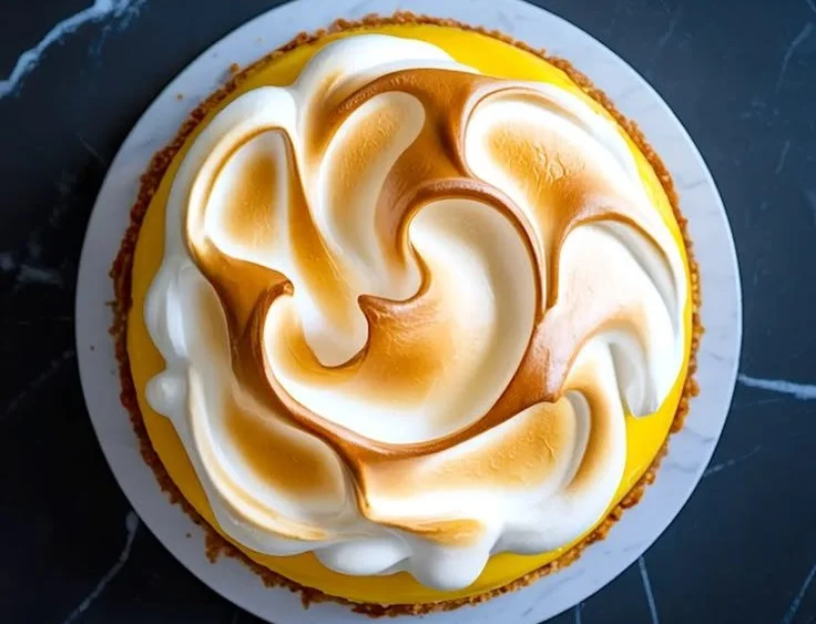 Delicious lemon meringue cheesecake topped with fluffy meringue and lemon zest