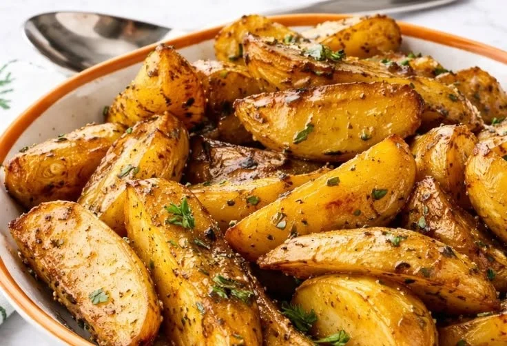 Lemon roasted Greek potatoes served in a bowl garnished with herbs