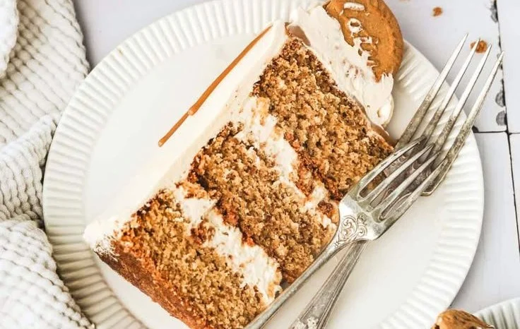Delicious Lotus Biscoff Cake topped with Biscoff spread and crumbs