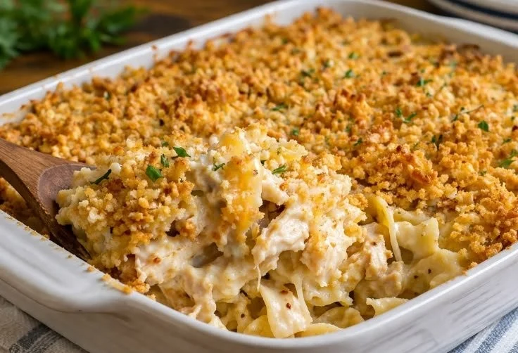 Low-carb chicken noodle casserole dish served in a baking dish