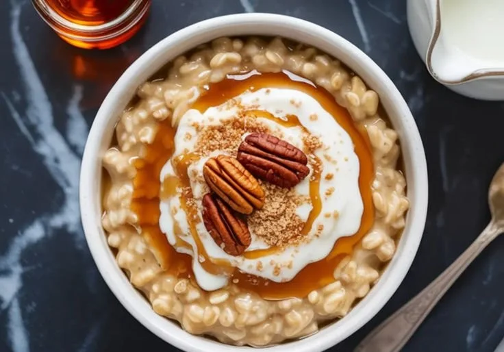 Creamy maple brown sugar oatmeal topped with fresh fruits and nuts