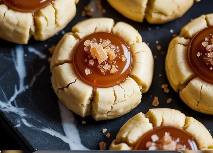 Maple brown sugar thumbprint cookies on a baking tray ready to serve