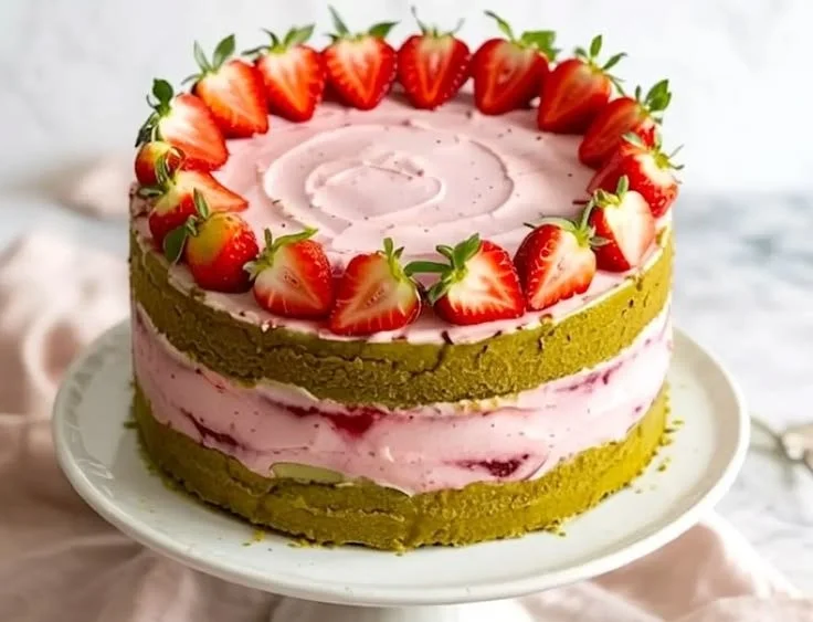 Slice of matcha strawberry cake garnished with fresh strawberries and matcha powder.