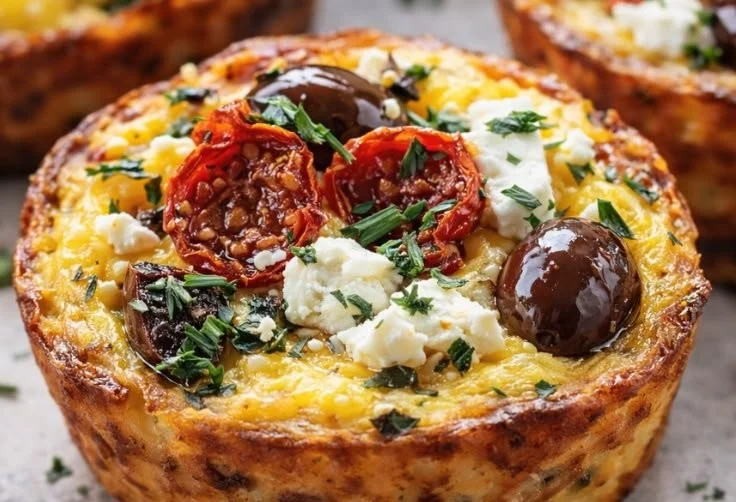 Delicious Mediterranean Egg Bites ready to eat on a wooden serving board.