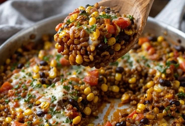Bowl of flavorful Mexican lentils garnished with fresh herbs