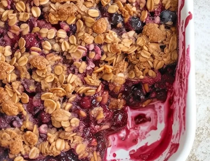 Delicious mixed berry crisp dessert topped with a crunchy oat layer