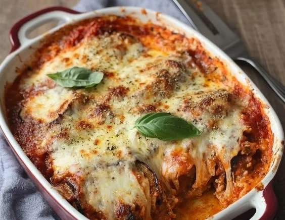 Deliciously layered modern Eggplant Parmesan dish fresh from the oven.